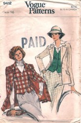 9412 VOGUE 1970S  LINED COLLAR LAPEL JACKET,  BUTTON V-VEST PATTERN 12 UNCUT